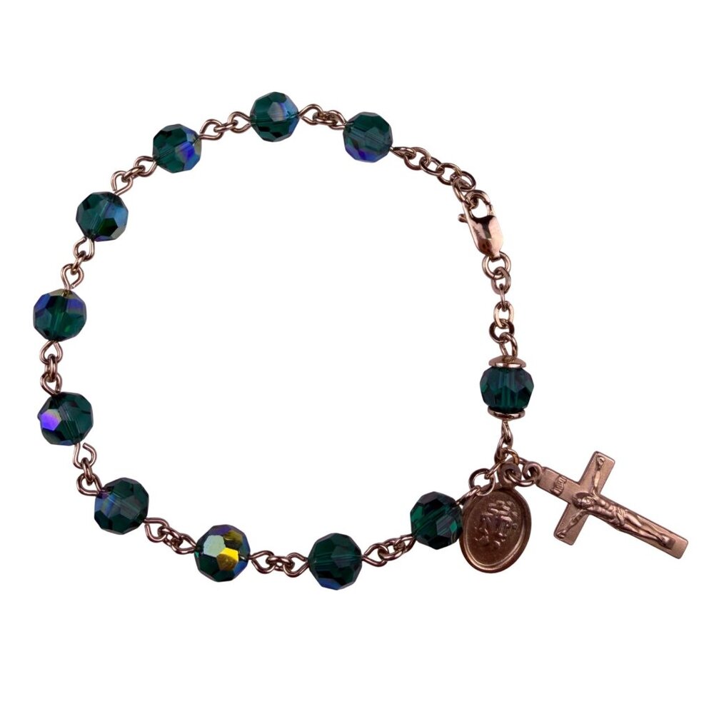 Rosary Bracelet Women Green Crystal Beads Gold Tone Crucifix Religious Charm